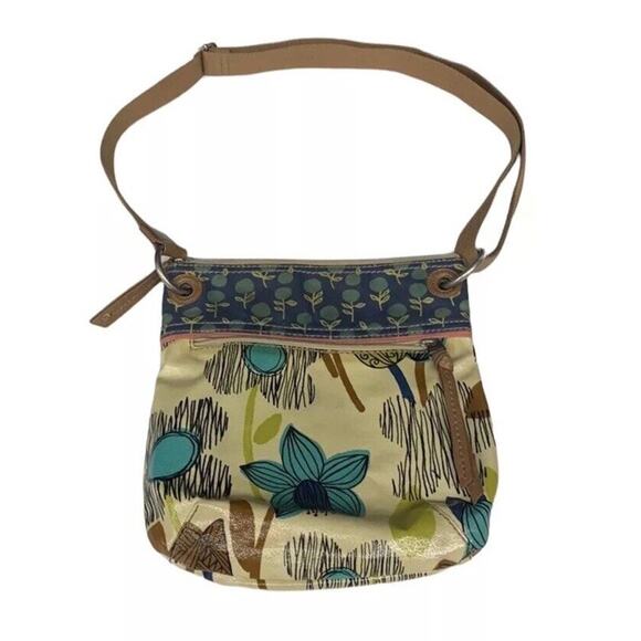 Fossil Key-Per Cross Body Bag Purse Hand Bag Floral Flowers Cream Blue Green - Picture 2 of 4